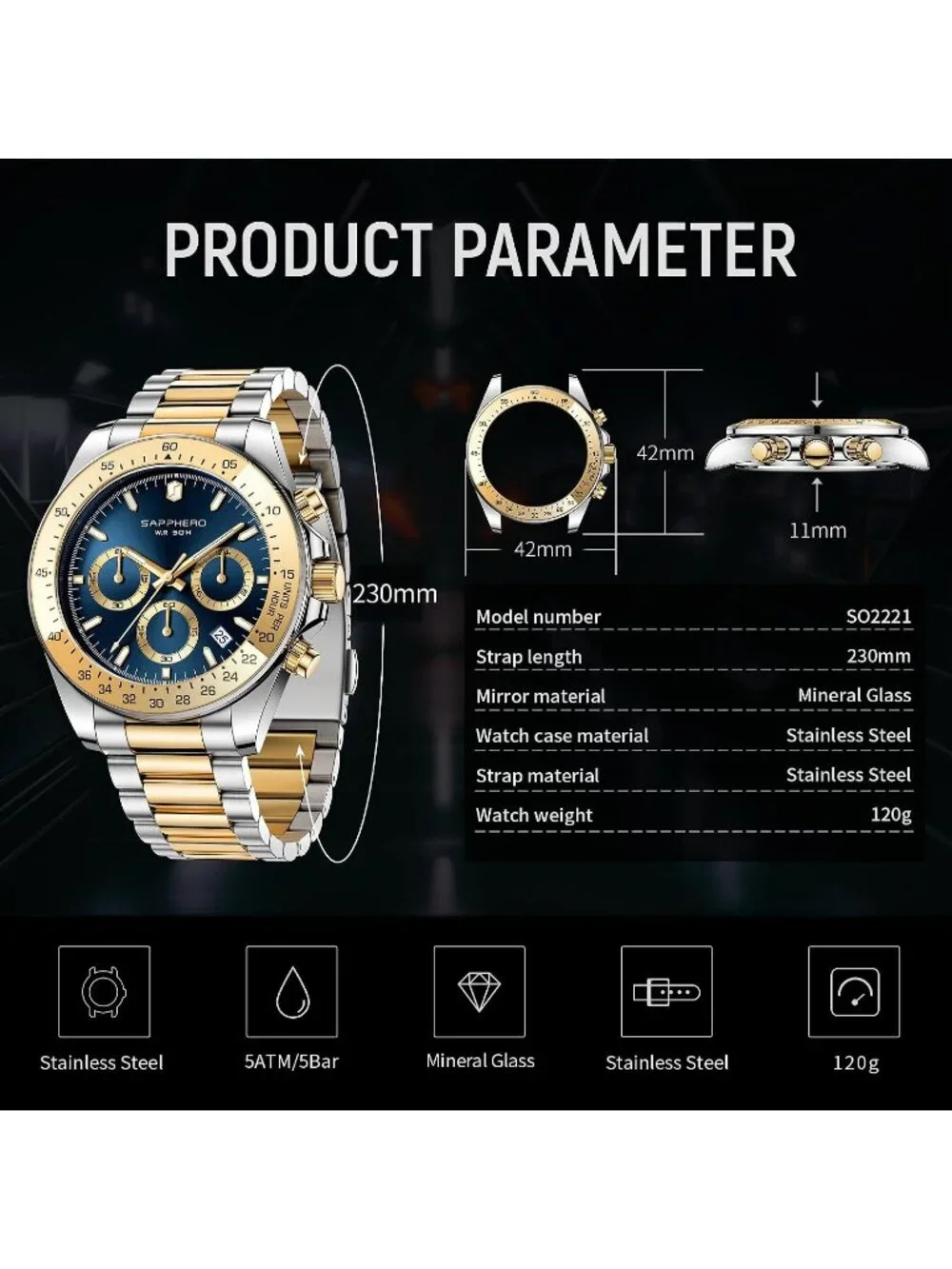 Men's Gold Silver Strap Blue Quartz Chronograph Stainless Steel Waterproof Watch